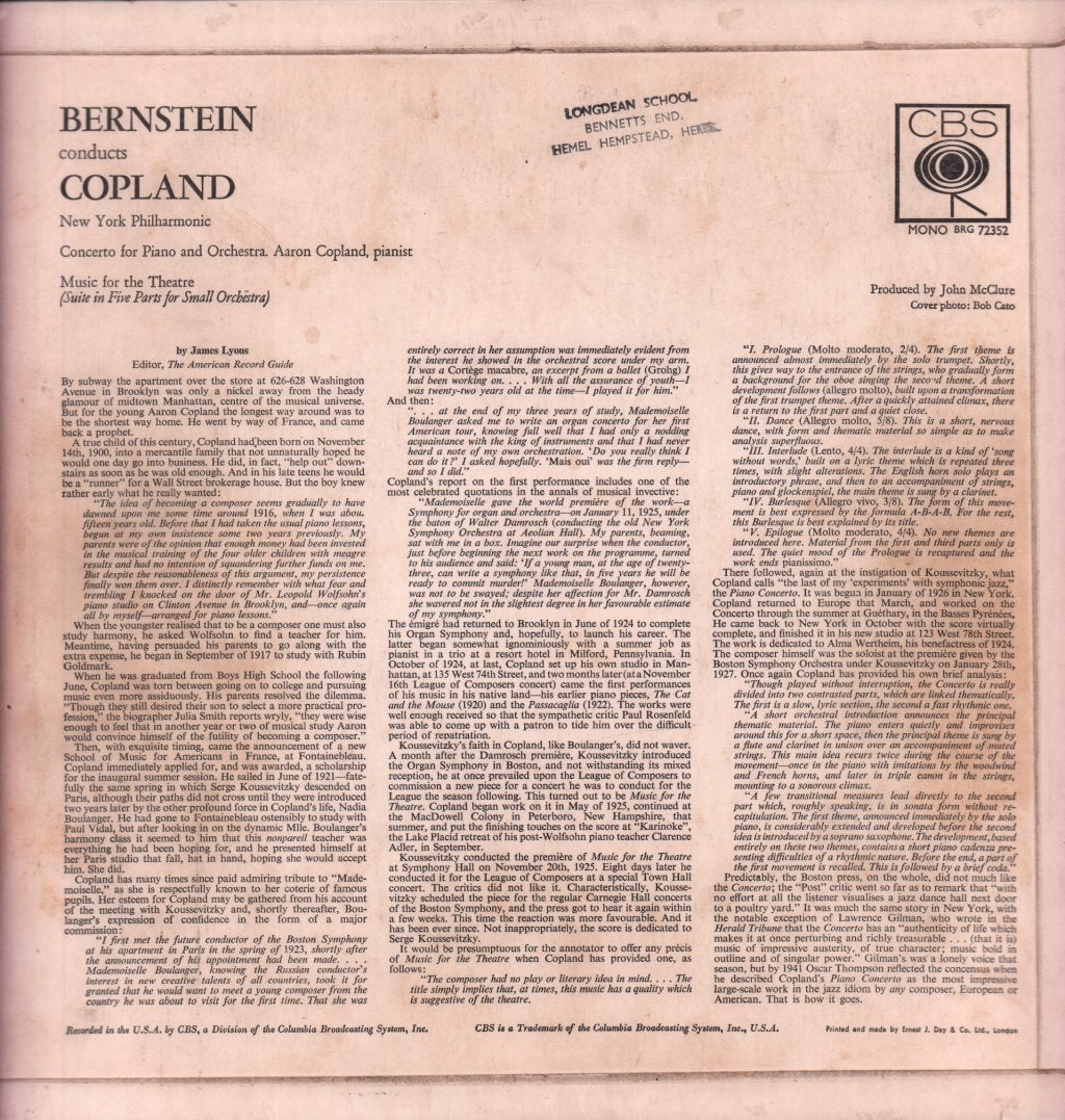 leonard Bernstein Conducts Copland New York Philharmonic - Piano Concerto Music For The Theatre - Lp
