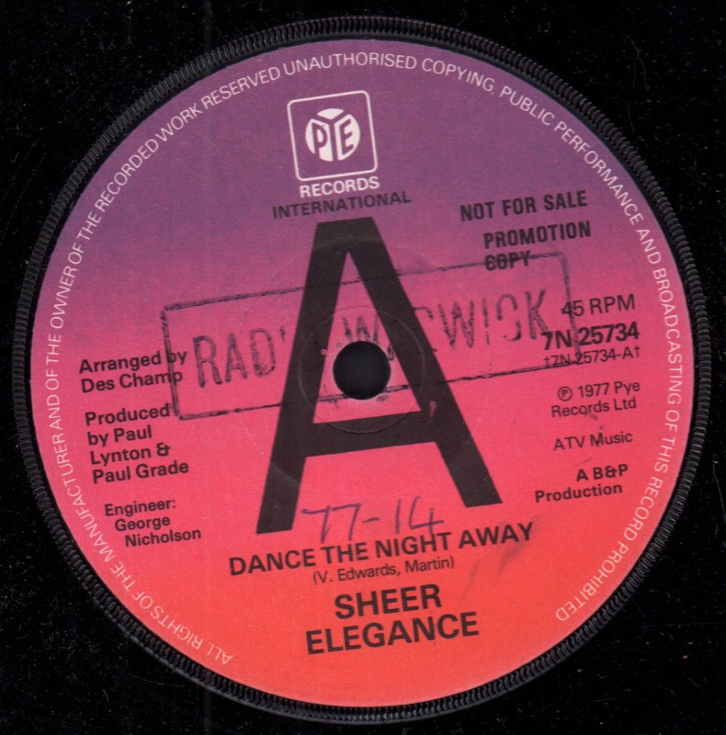 Sheer Elegance - Dance The Night Away - 7 Inch