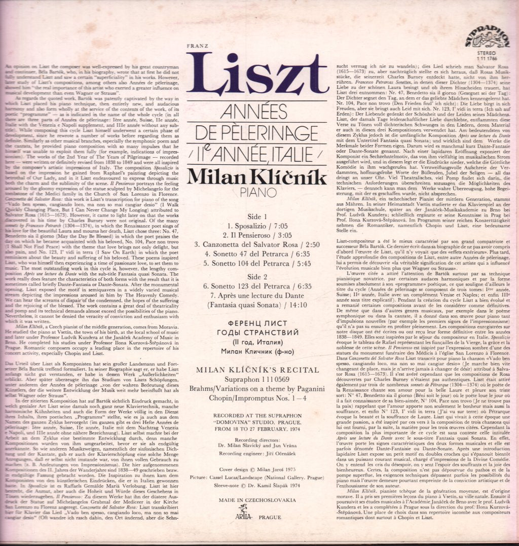 Milan Klíčník - liszt Années De Pelerinage /IIe Annee, Italie/ - Lp
