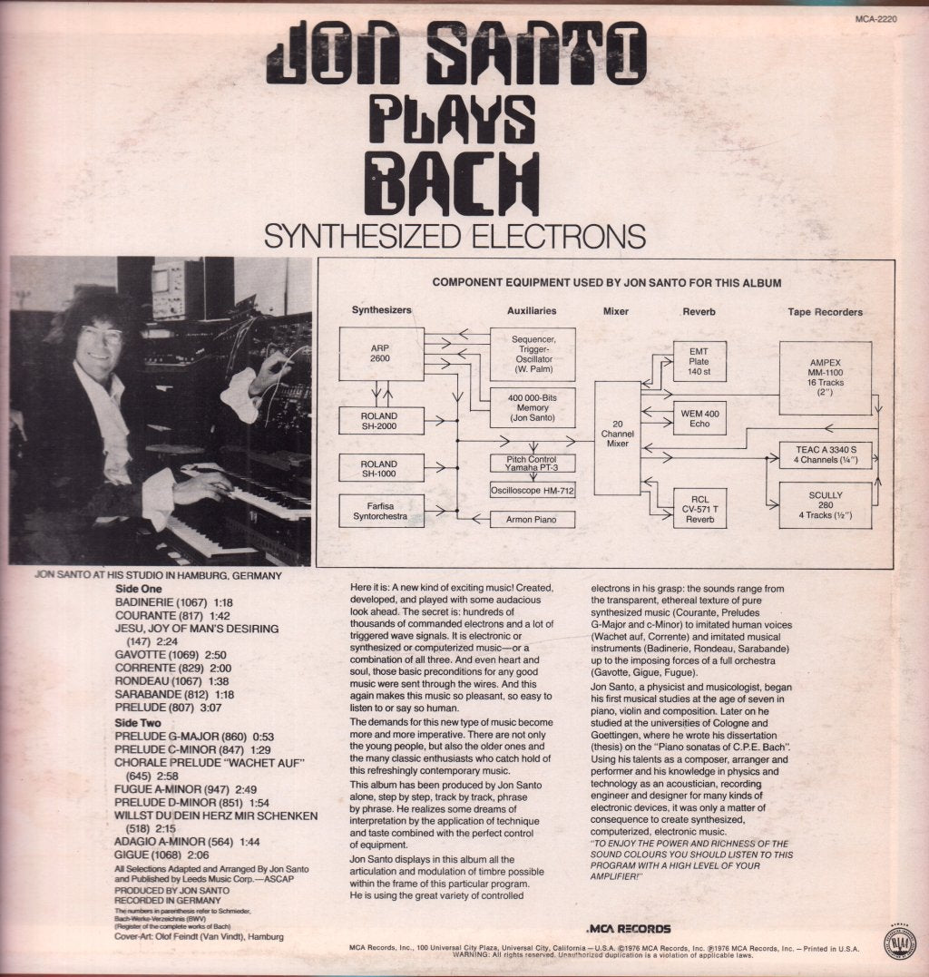Jon Santo - Plays Bach Synthesized Electrons - Lp