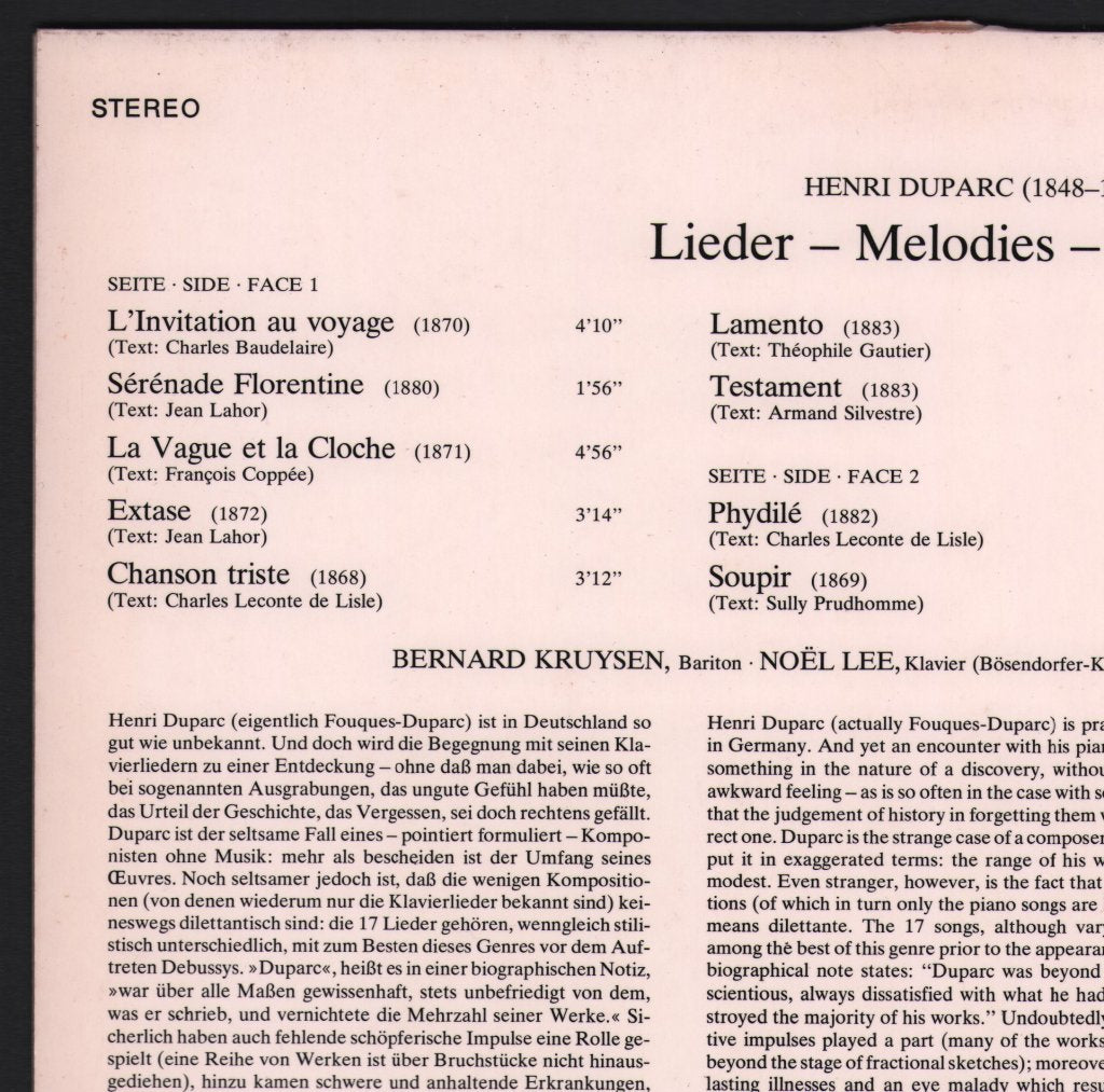 Bernard Kruysen / Noel Lee - Henri Duparc - Lieder Melodies - Lp