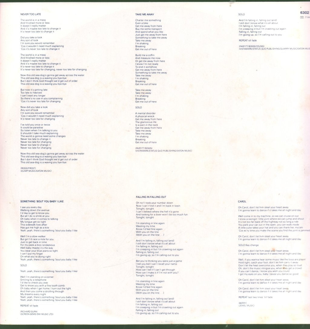 Status Quo - Never Too Late - Lp