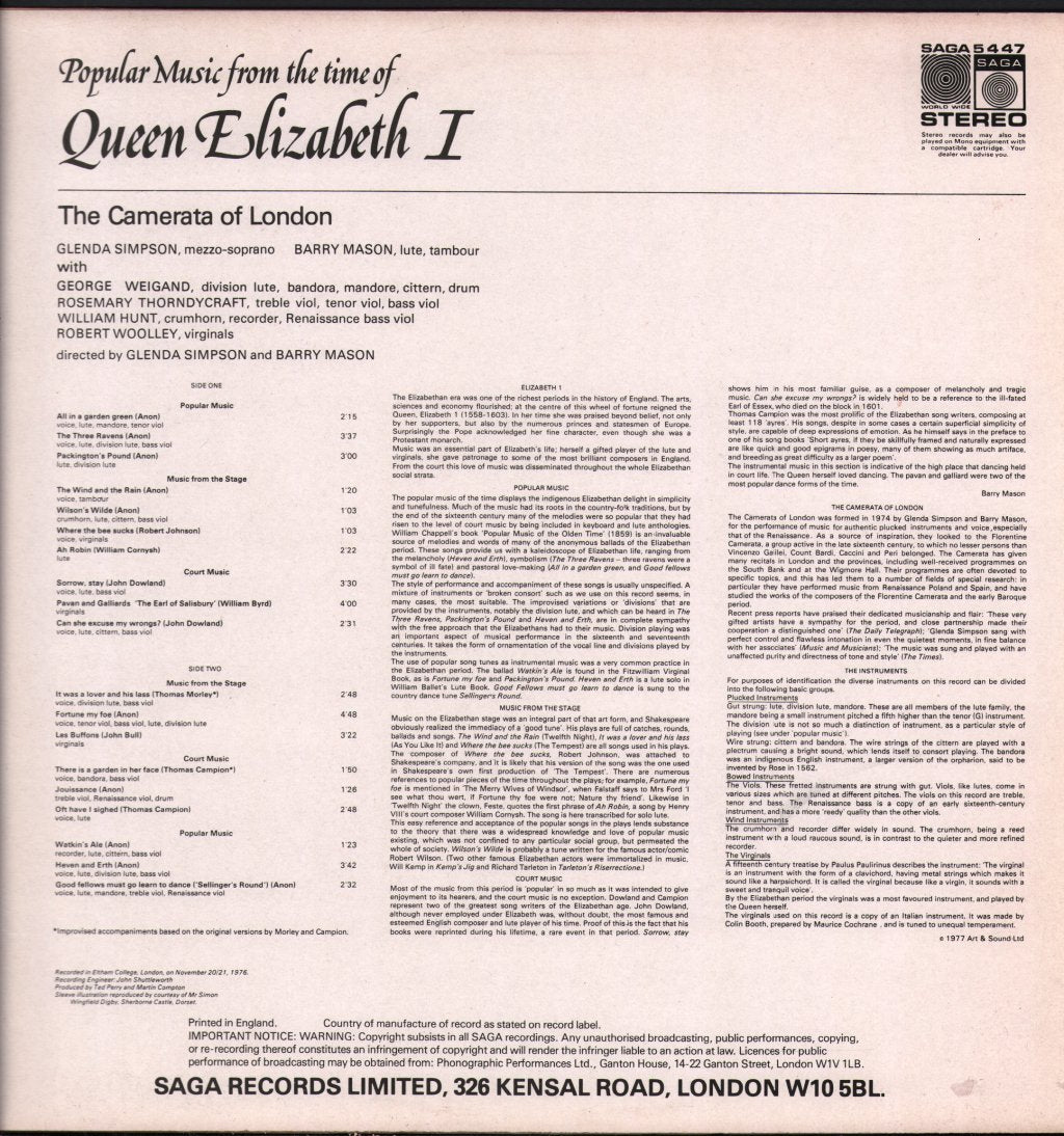 Camerata Of London - Popular Music From The Time Of Queen Elizabeth I - Lp
