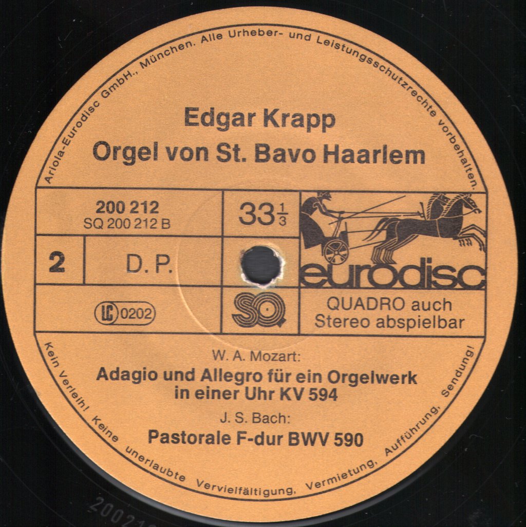 Edgar Krapp - Wolfgang Amadeus Mozart - Fantasie f-moll/Minor KV 608 / Johann Sebastian Bach - Pastorale F-dur/Major BWV 590 - Lp