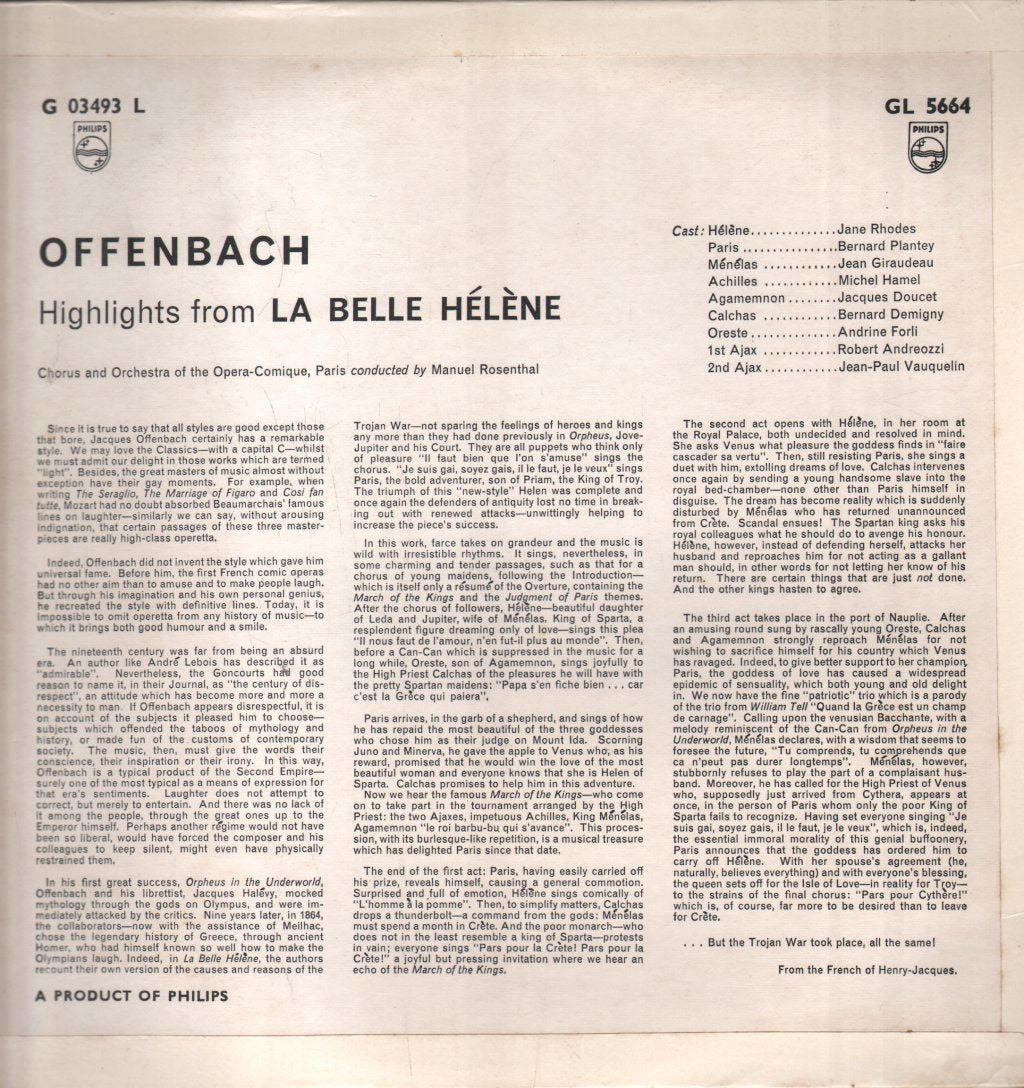 Jane Rhodes / Bernard Plantey / Andrine Forli / Manuel Rosenthal - Offenbach - Highlights From La Belle Hélène - Lp