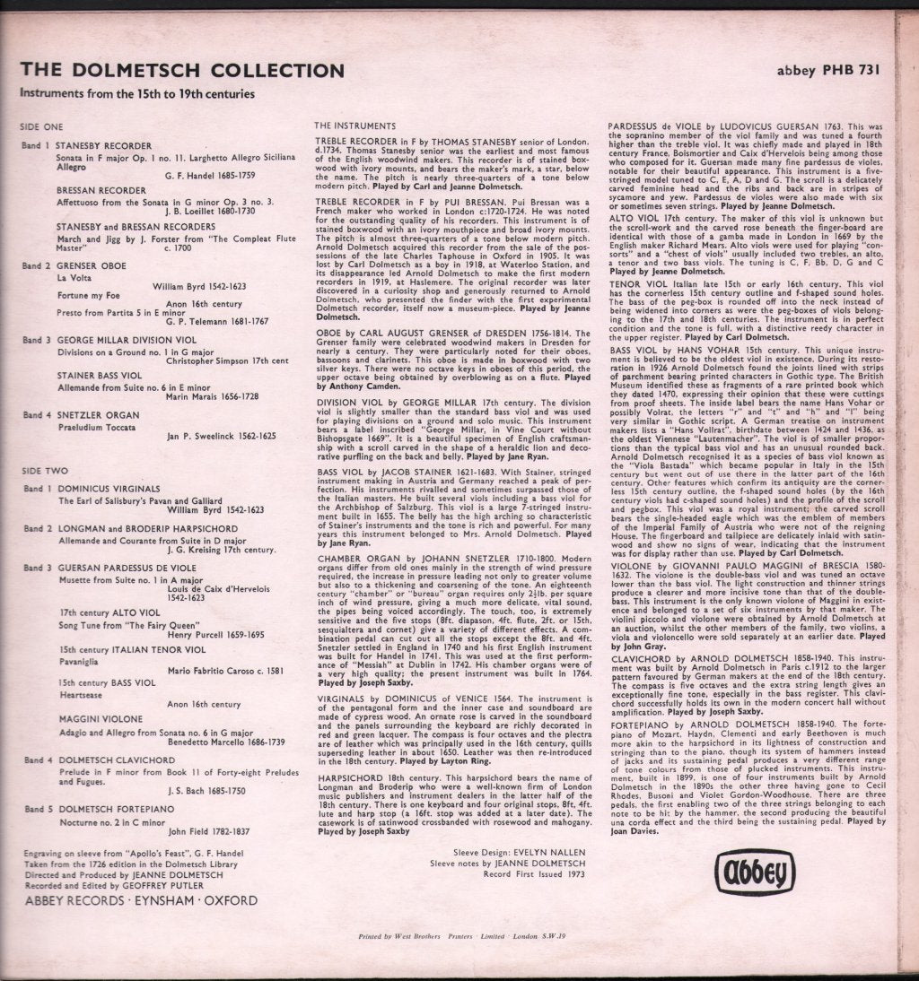 Anthony Camden / Joan Davies / Carl Dolmetsch / Jeanne Dolmetsch - Apollo's Feast - The Dolmetsch Collection - Instruments From The 15th To 19th Centuries - Lp