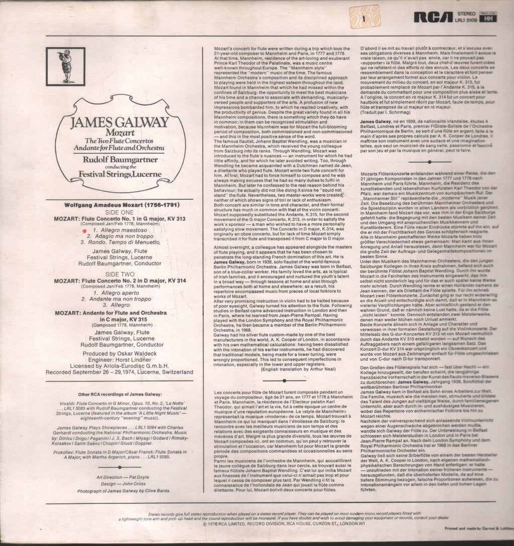 James Galway - Mozart - Two Flute Concertos / Andante For Flute And Orchestra - Lp