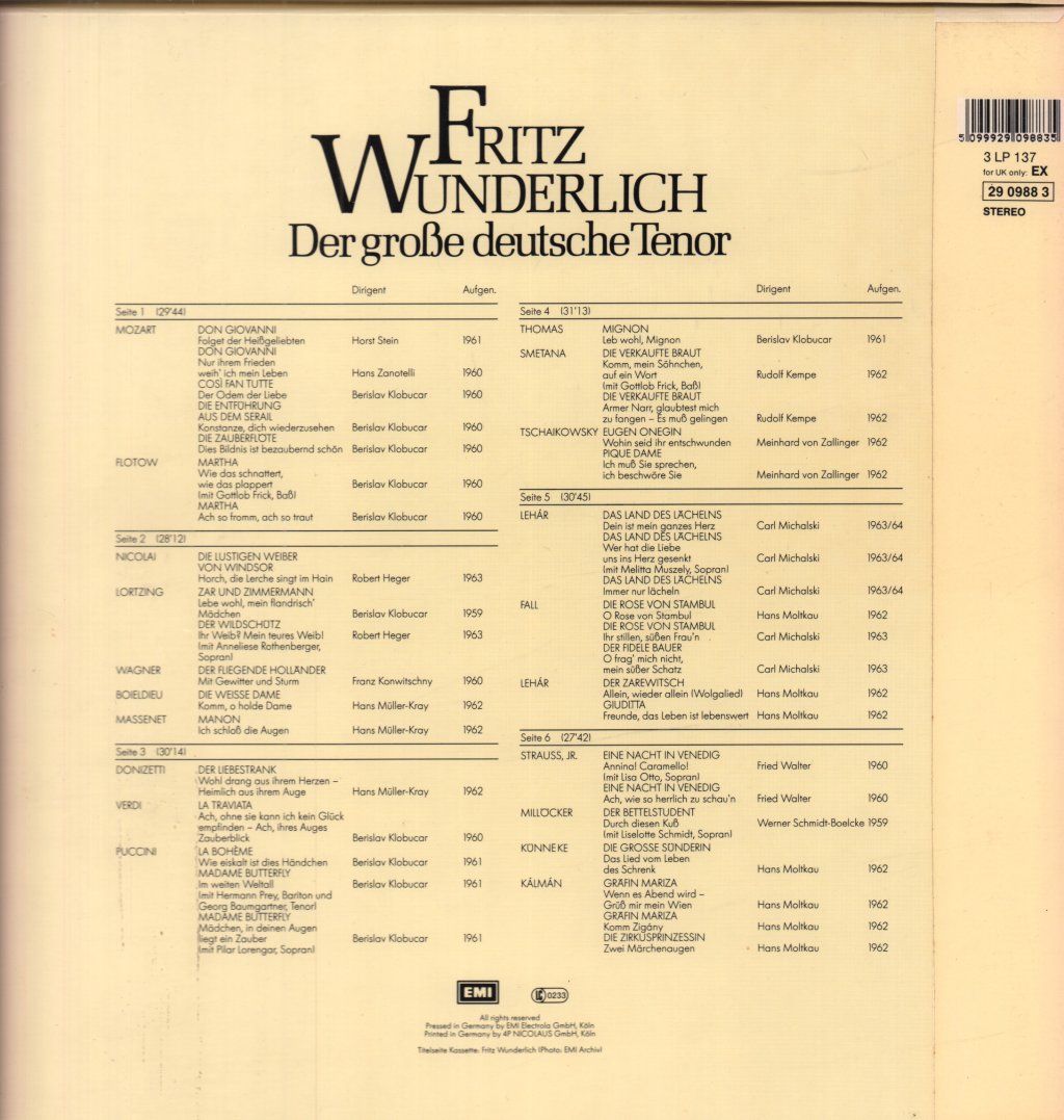 Fritz Wunderlich - Der Große Deutsche Tenor - Triple Lp