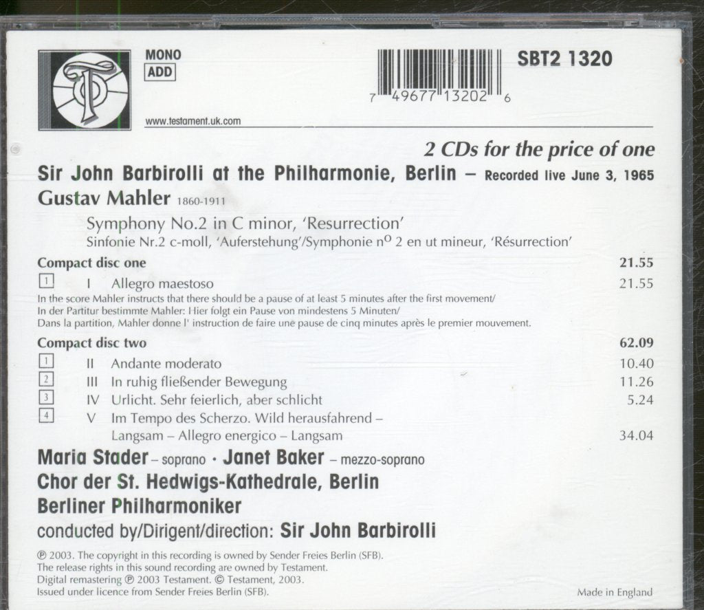 Sir John Barbirolli, Berliner Philharmoniker - Symphony No. 2 "Resurrection" - Double Cd