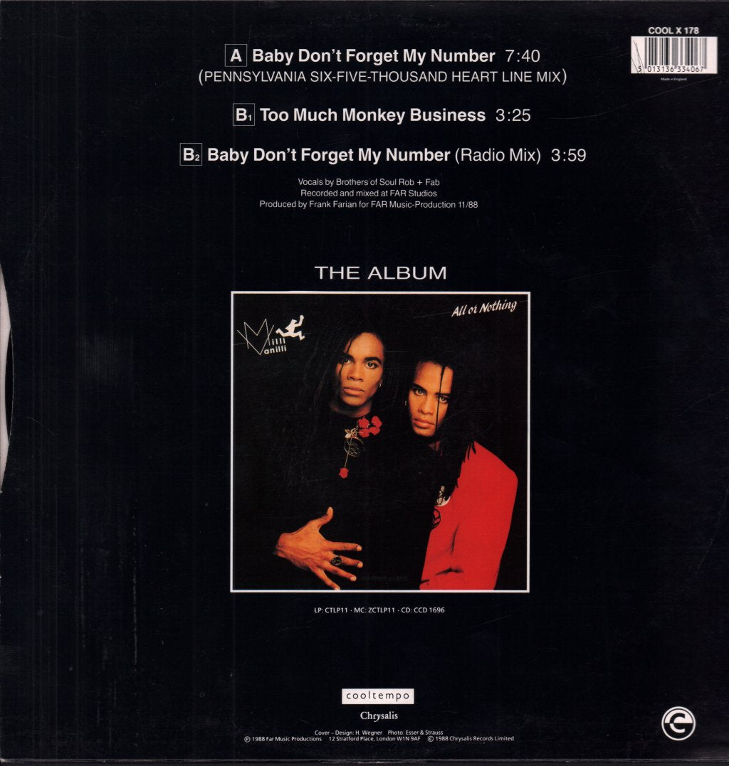 Milli Vanilli - Baby Don't Forget My Number - 12 Inch