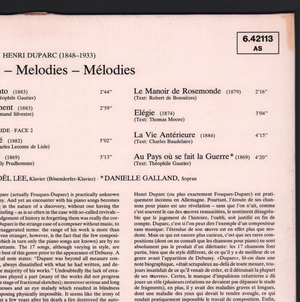 Bernard Kruysen / Noel Lee - Henri Duparc - Lieder Melodies - Lp