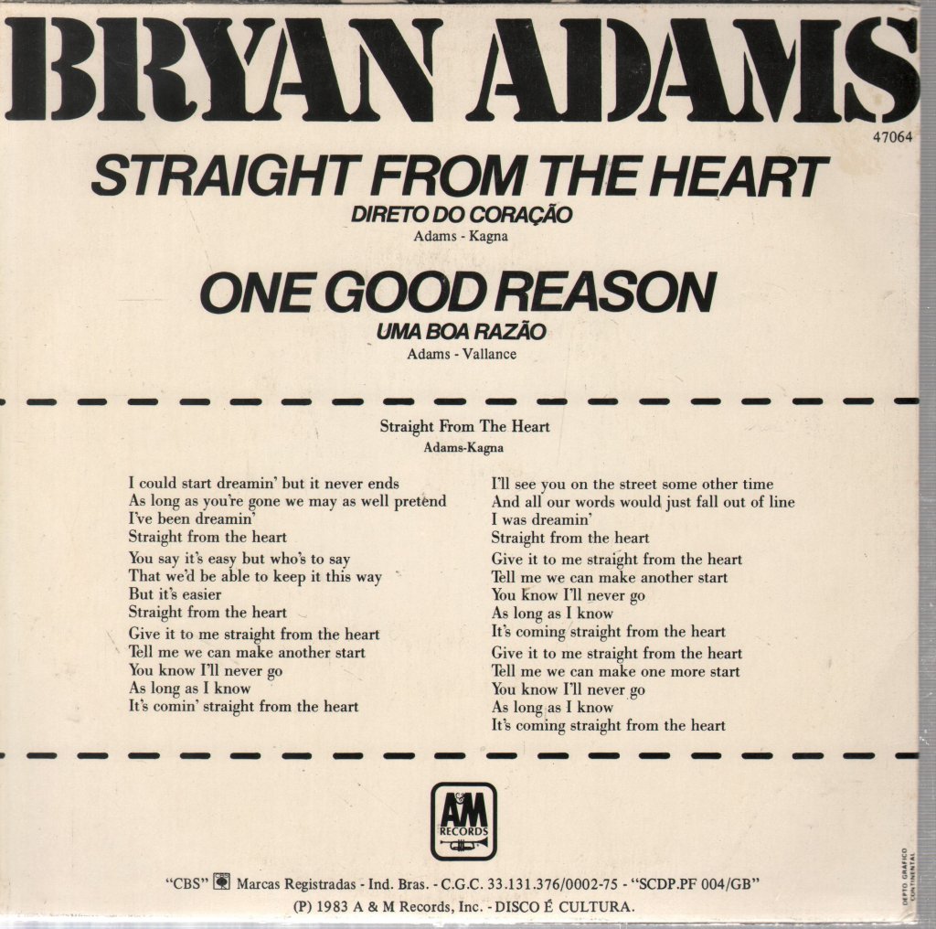 Bryan Adams - Straight From The Heart - 7 Inch