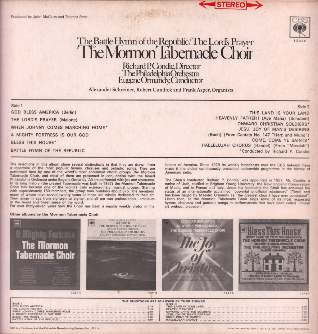 Mormon Tabernacle Choir - Battle Hymn Of The Republic The Lord's Prayer - Lp