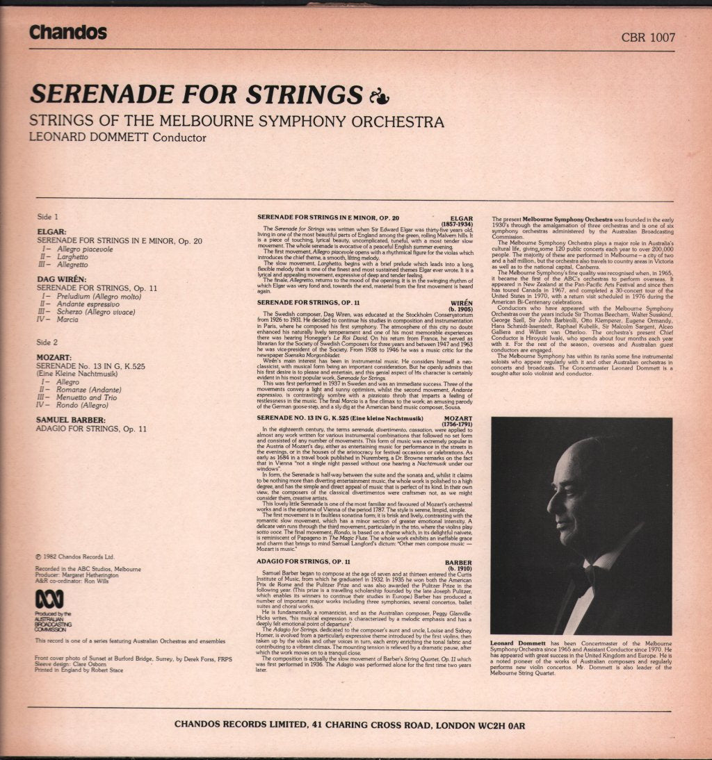 Strings Of The Melbourne Symphony Orchestra / Leonard Dommett - Serenade For Strings - Lp
