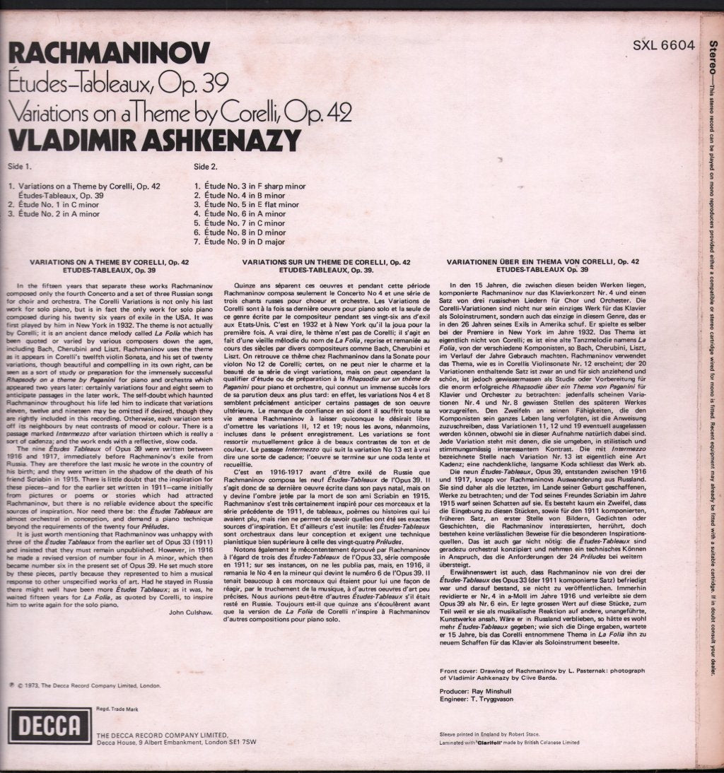 Vladimir Ashkenazy - Rachmaninov - Etudes-Tableaux Op. 39 / Variations On A Theme By Corelli - Lp