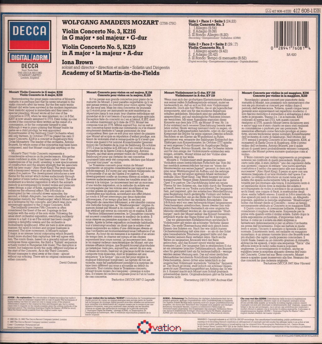 Iona Brown / Academy Of St. Martin-in-the-Fields - Mozart Violin Concertos Nos. 3 & 5 - Lp