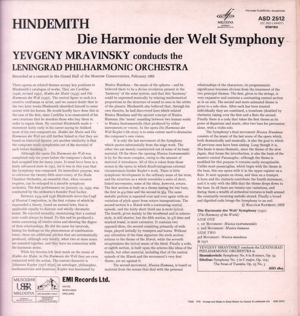 Yevgeny Mravinsky / Leningrad Philharmonic Orchestra - Hindemith Harmonie Der Welt Symphony - Lp