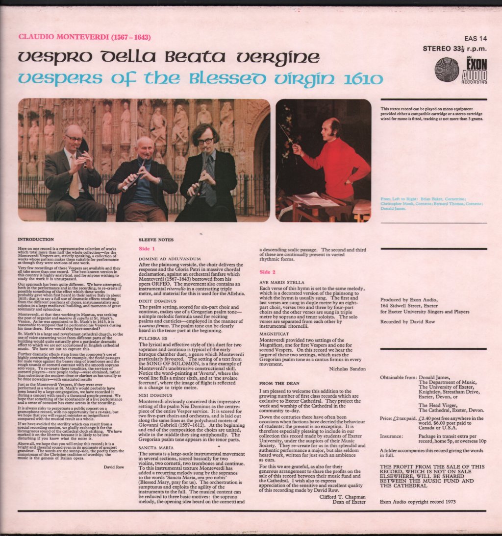 Exeter University Singers and Players / Donald James - Monteverdi Vespers 1610 - Lp