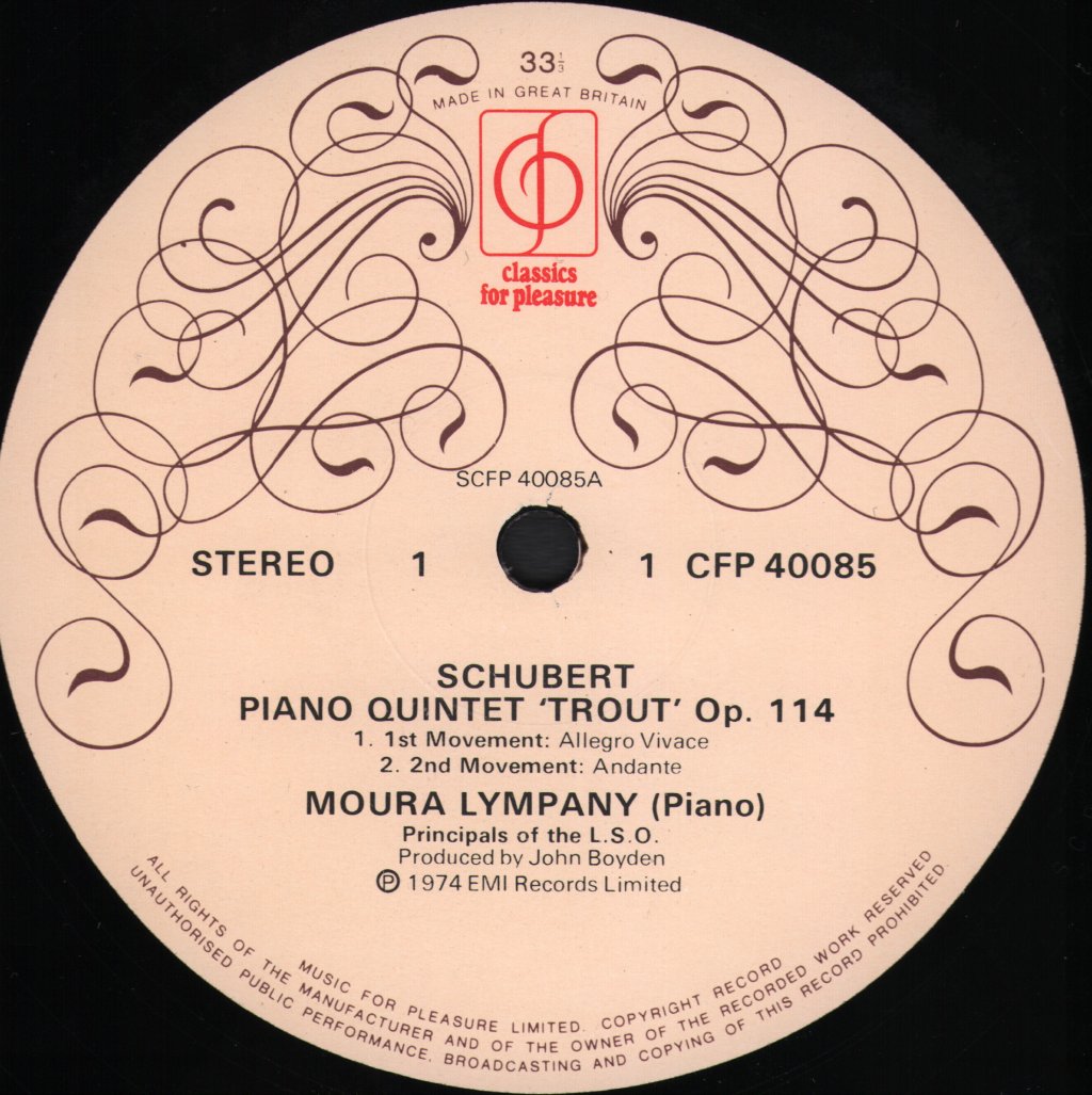 Moura Lympany / Principals Of The London Symphony Orchestra - Schubert Trout Quintet - Lp