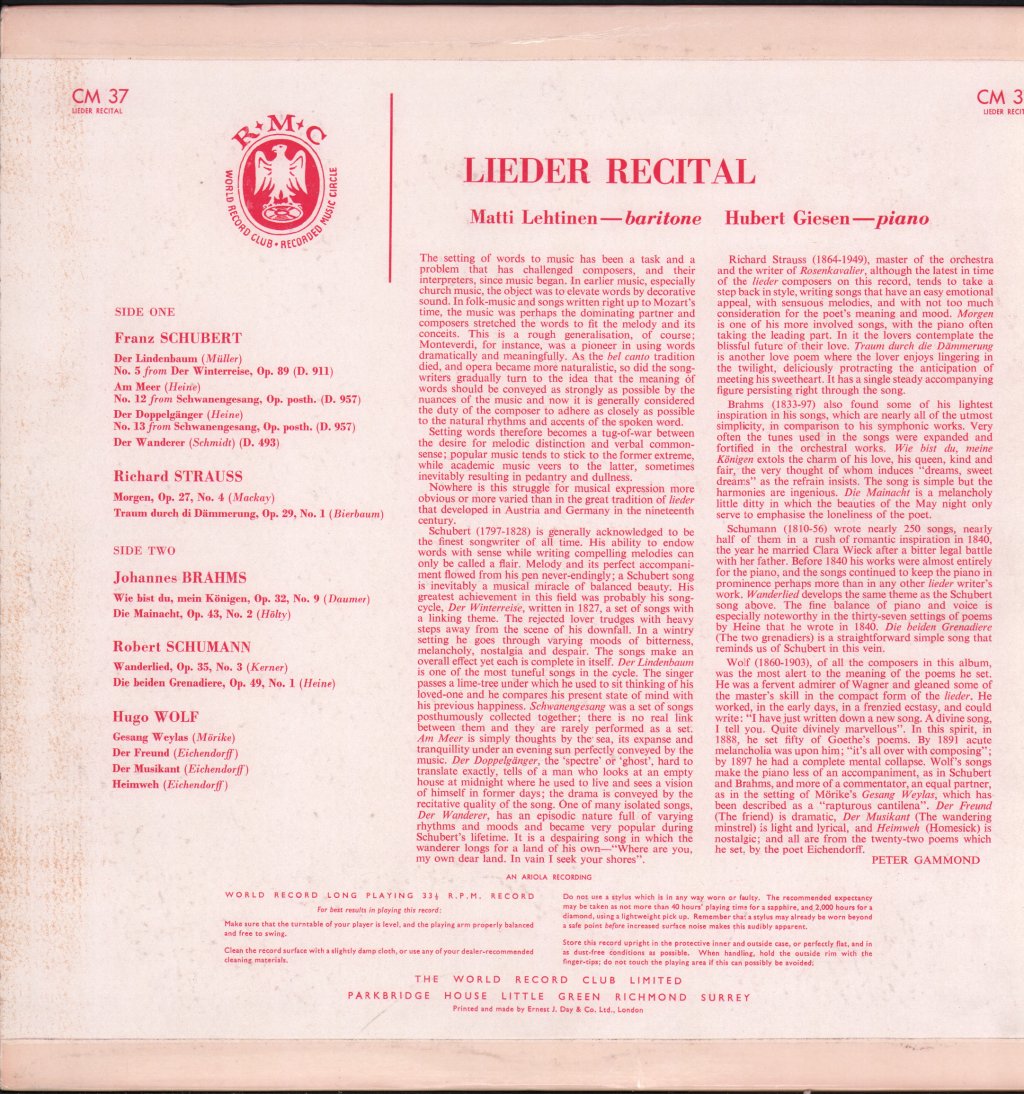 Matti Lehtinen / Hubert Giesen - Lieder Recital - Lp