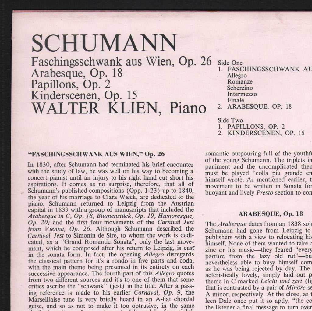 Walter Klien - Schumann - Faschingsschwank / Papillons / Arabesque / Kinderscenen - Lp
