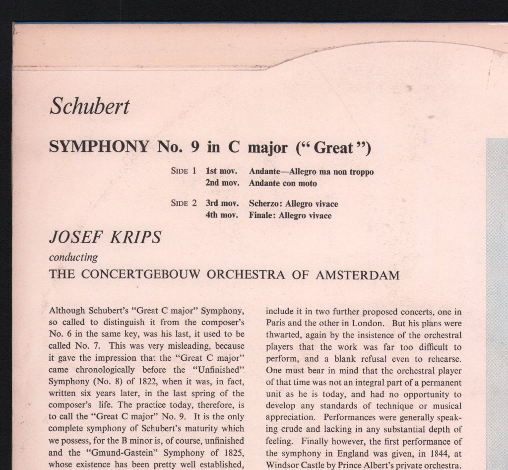 Josef Krips / Concertgebouw Orchestra of Amsterdam - Schubert - Great C Major Symphony - Lp