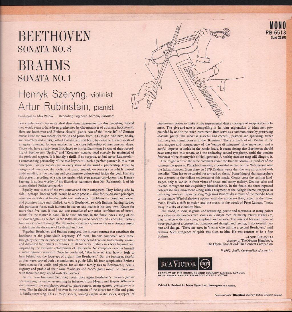 Artur Rubinstein and Henryk Szeryng - Beethoven / Brahms - Violin Sonatas (No. 8, Op. 30, No. 3 / No. 1, Op. 78) - Lp