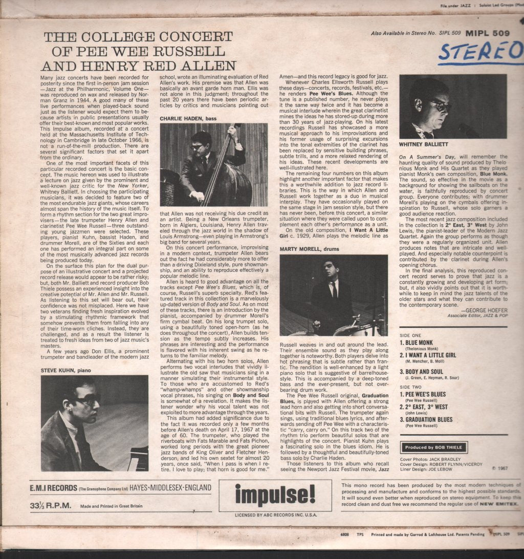 Pee Wee Russell And Henry Red Allen - College Concert Of - Lp