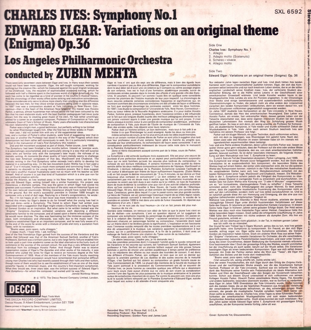 Charles Ives / Edward Elgar - Symphony No. 1 / Enigma Variations - Lp