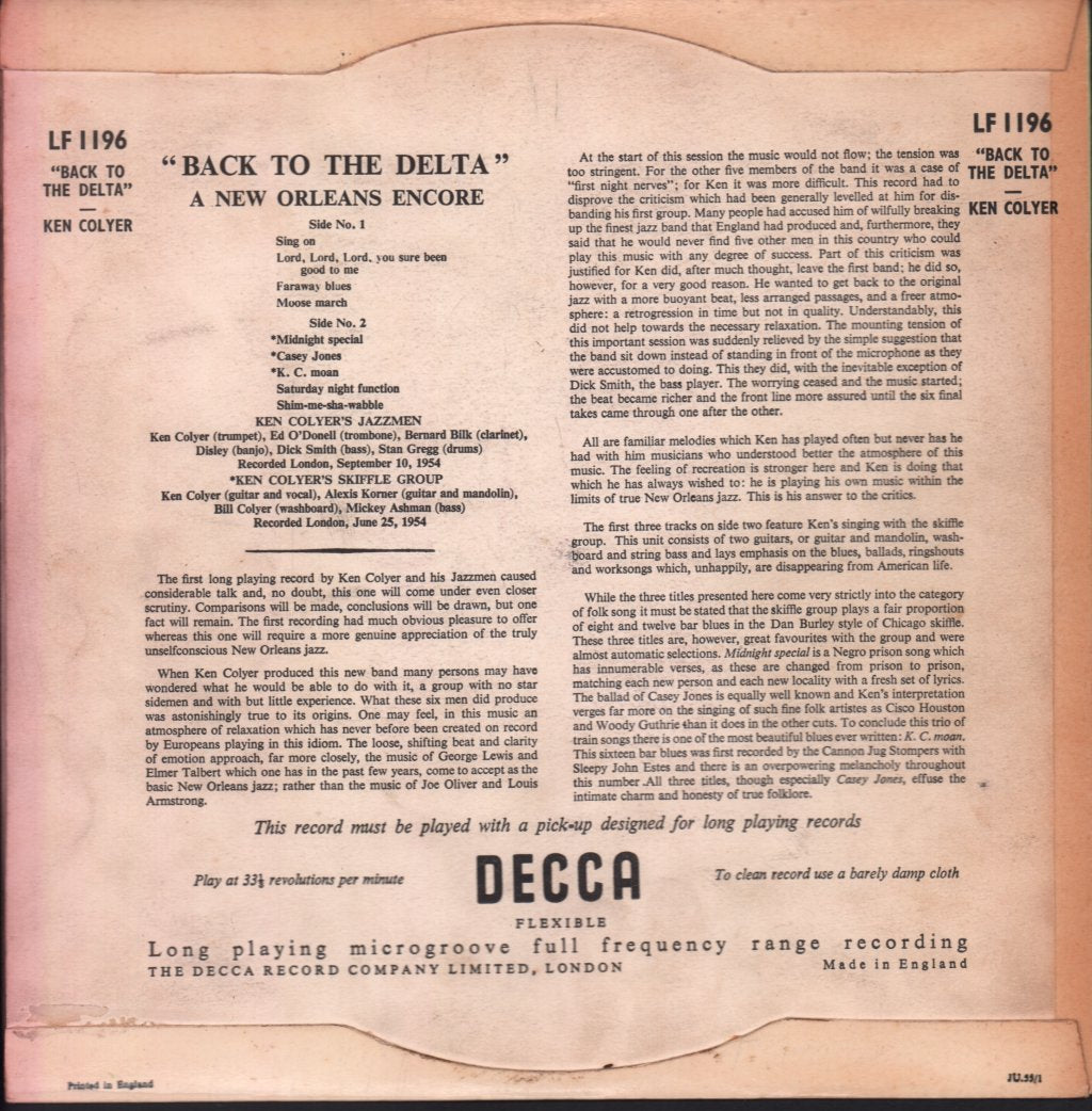 Ken Colyer's Jazzmen And Skiffle Group - Back To The Delta - 10 Inch