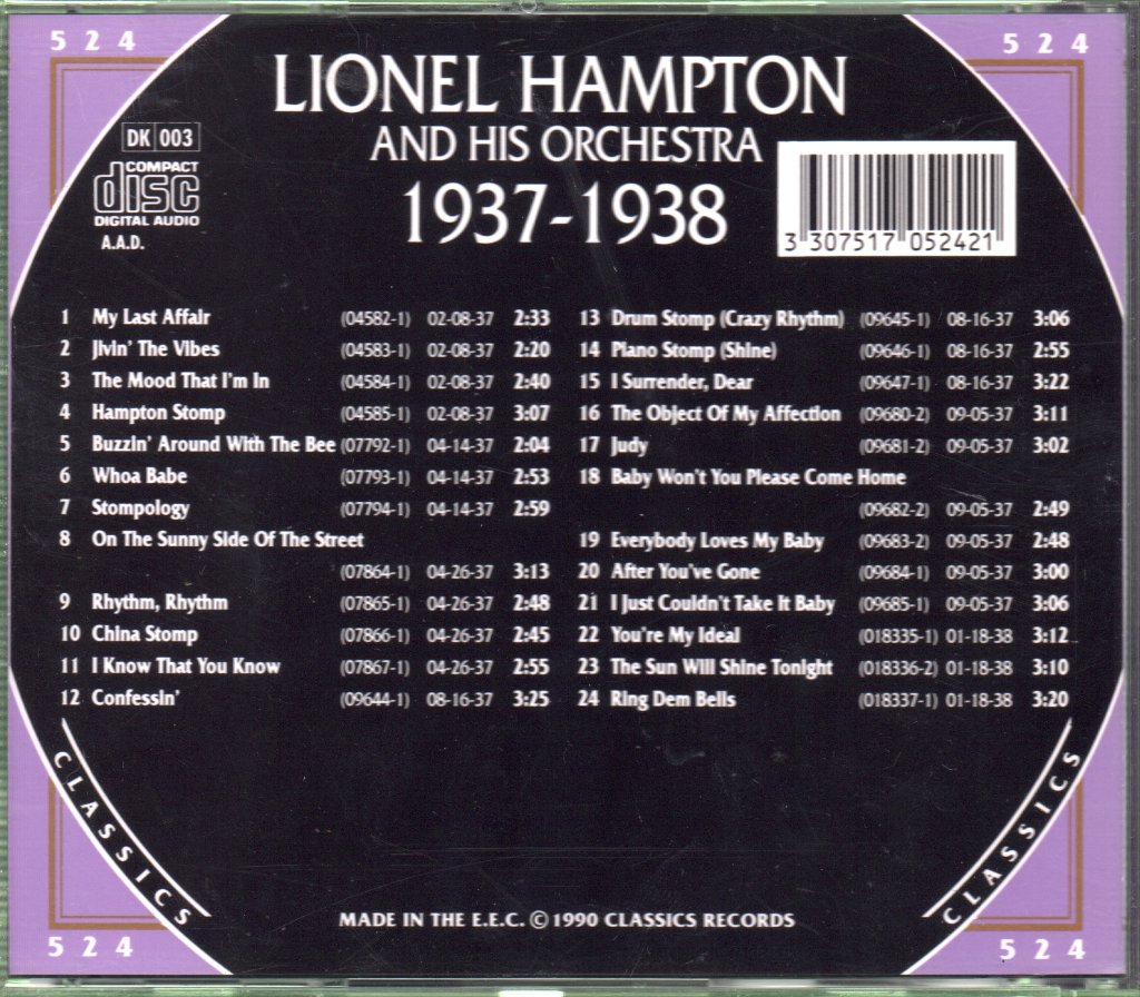 Lionel Hampton And His Orchestra - 1937-1938 - Cd