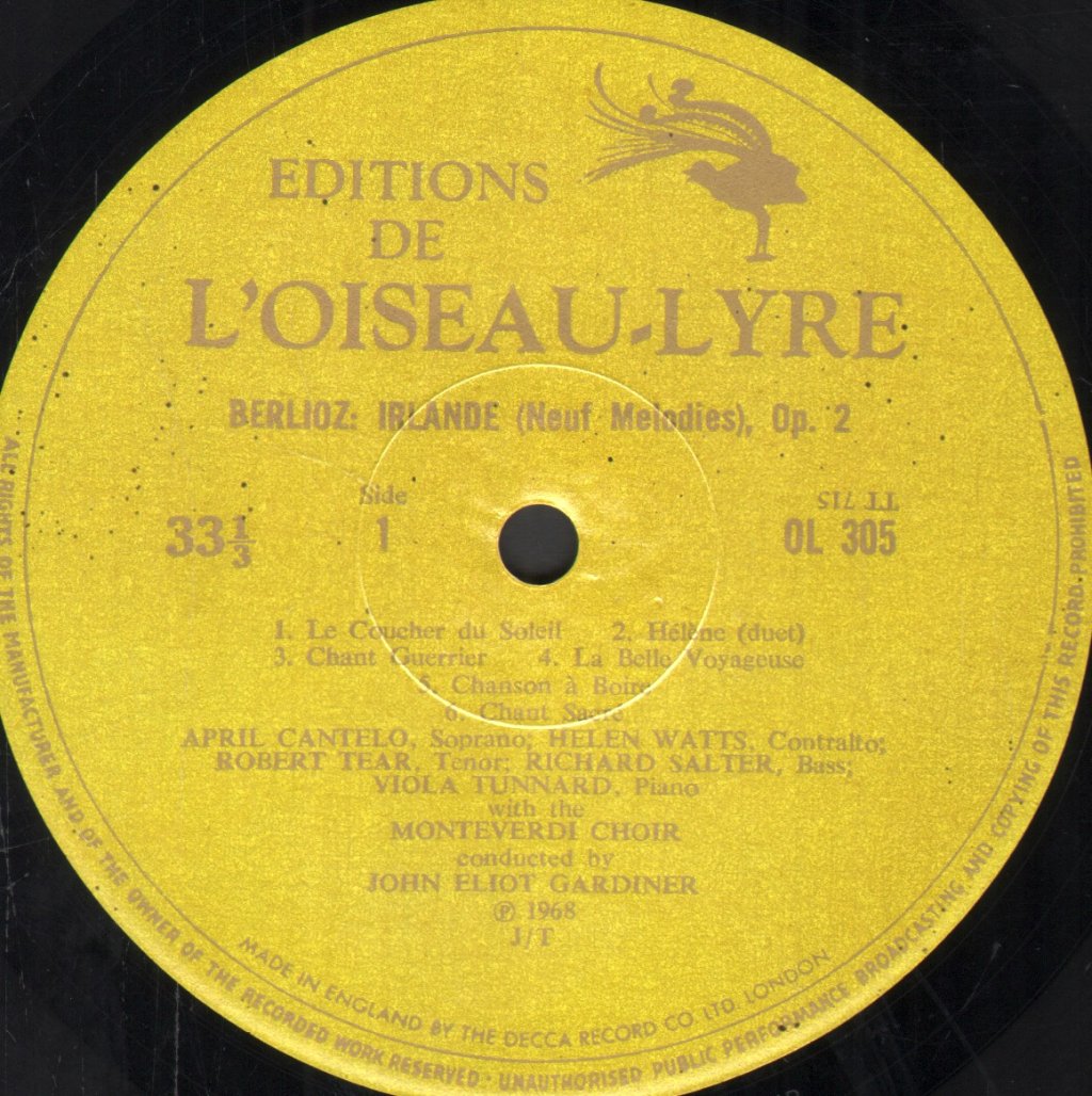 April Cantelo / Helen Watts / Robert Tear / Viola Tunnard / Monteverdi Choir - Berlioz - Irlande - Neuf Mélodies Op. 2 / Le Trébuchet / La Mort D'Ophélie / Chant De La Fête De Pâques - Lp