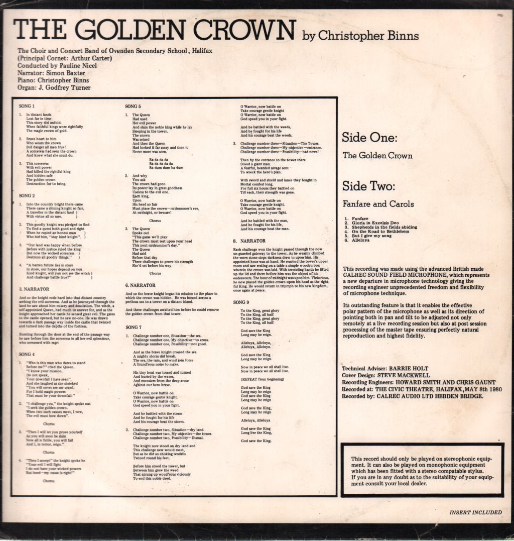 christopher binns with the choir and concert band of ovenden secondary school halifax - golden crown - Lp