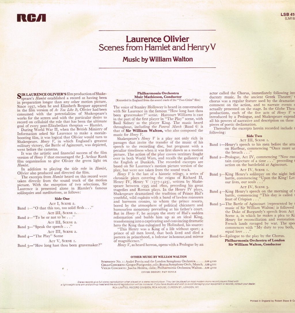 Laurence Olivier / William Walton - Scenes From Hamlet And Henry V - Lp