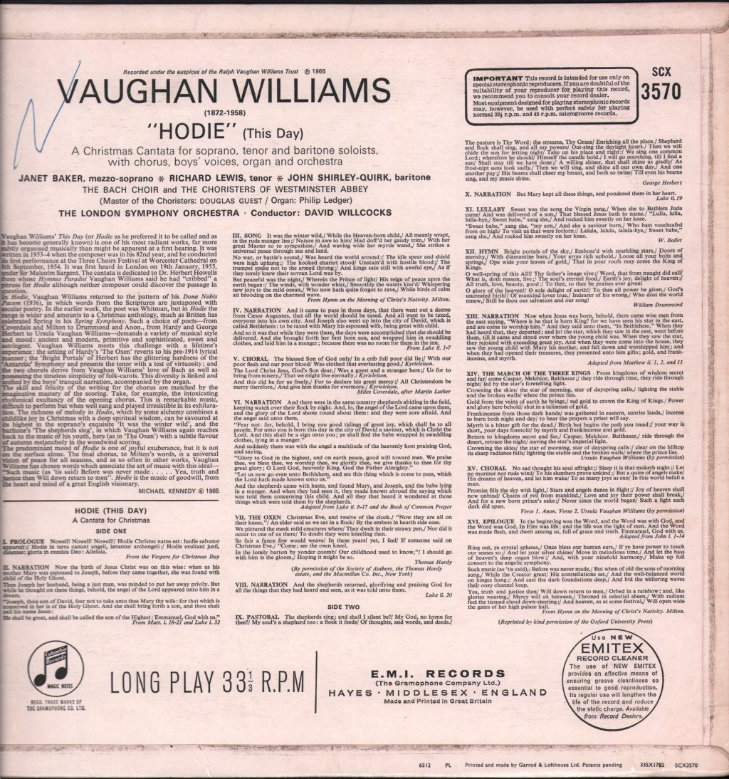 Janet Baker / Richard Lewis / John Shirley-Quirk / David Willcocks - Vaughan Williams - Hodie - A Christmas Cantata - Lp