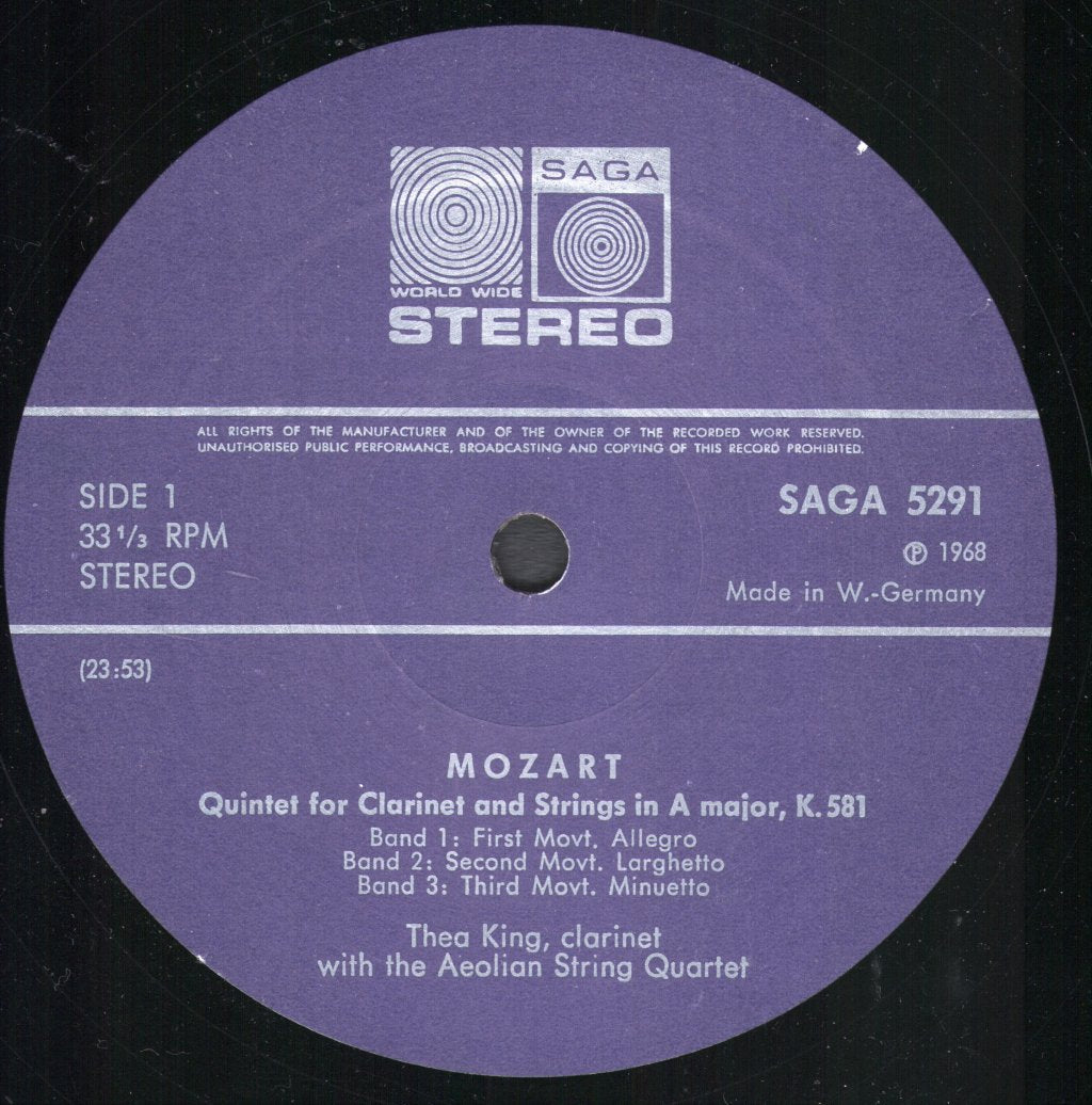 Thea King / Aeolian String Quartet - Mozart - Quintet For Clarinet & Strings In A Major, K581, Divertimento In D, K136 - Lp