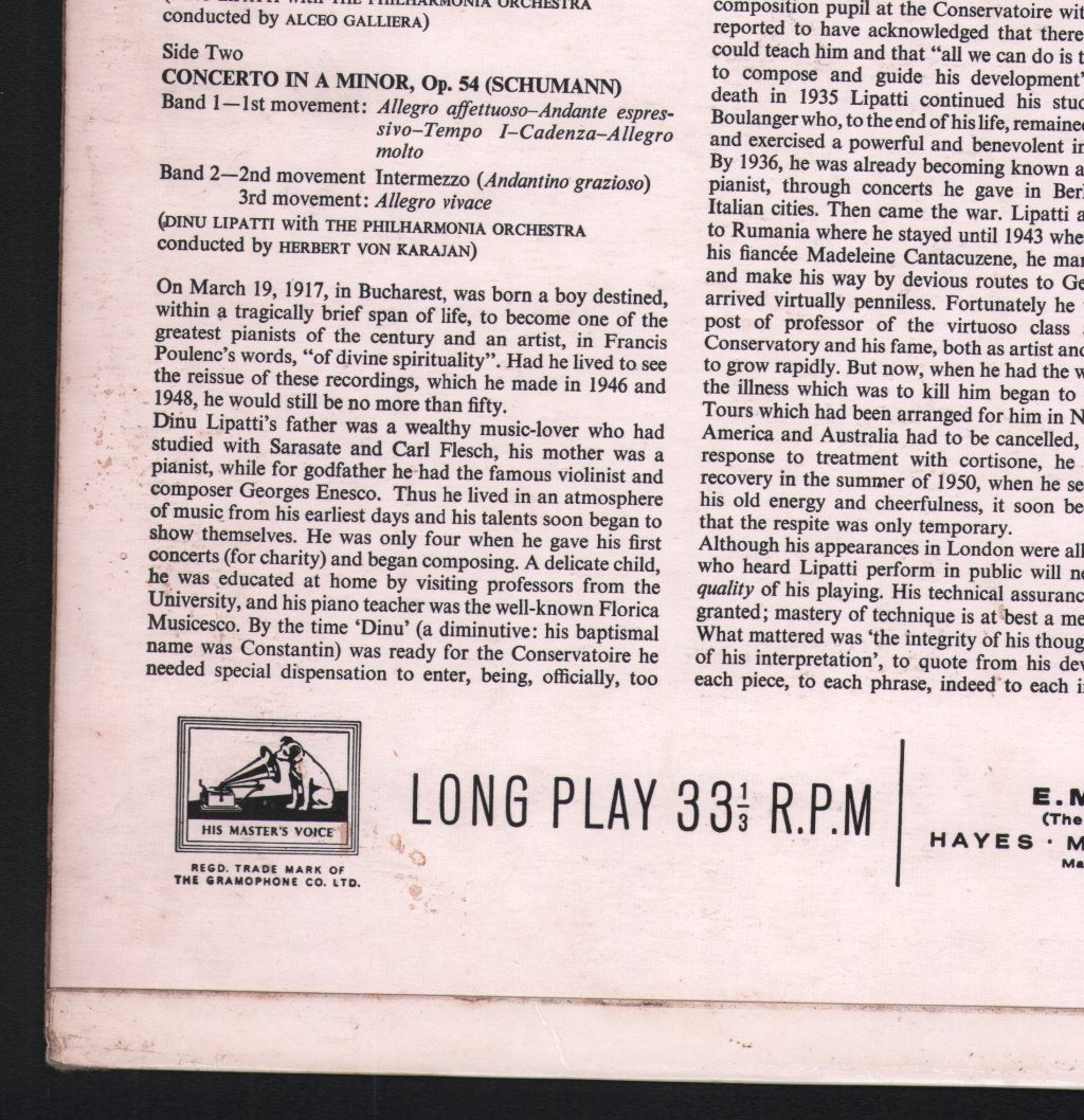 Dinu Lipatti / Philharmonia Orchestra / Herbert von Karajan / Alceo Galliera - Dinu Lipatti Plays The Grieg And Schumann Piano Concertos - Lp
