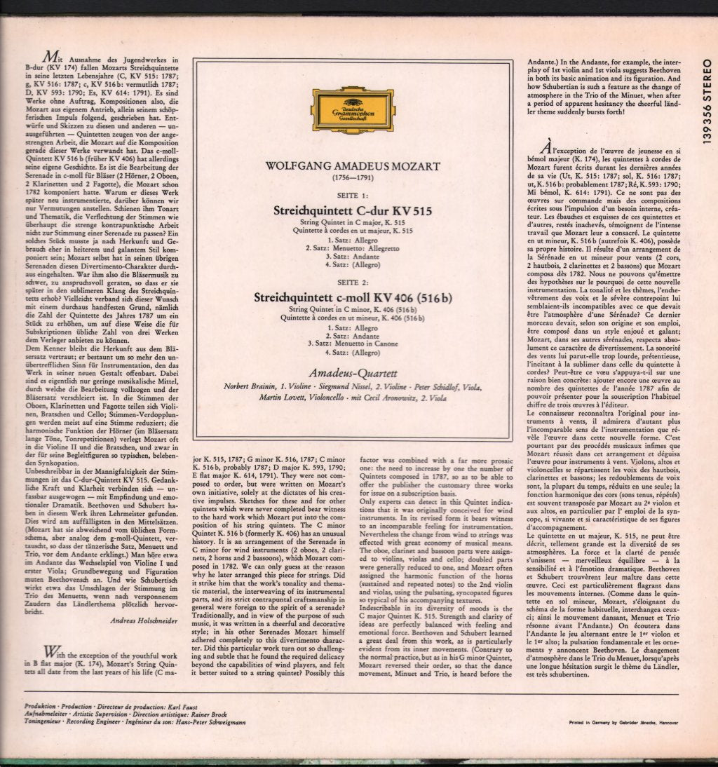 Amadeus-Quartett / Cecil Aronowitz / William Pleeth - Mozart - Streichquintette C-Dur KV 515 & C-Moll KV 406 (516b) - Lp