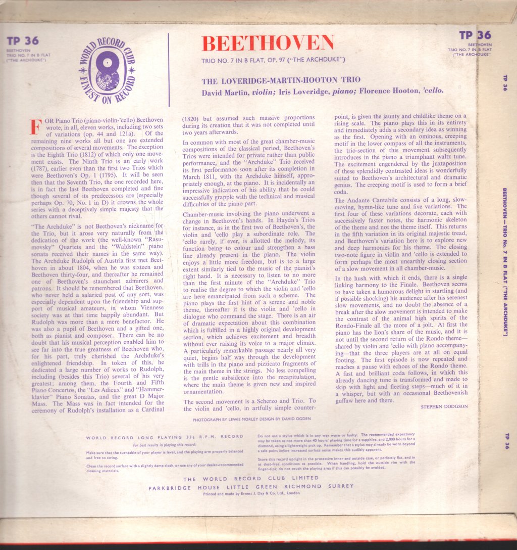 Loveridge-Martin-Hooton Trio - Beethoven - Trio No.7 In B Flat, Op.97 ("The Archduke") - Lp