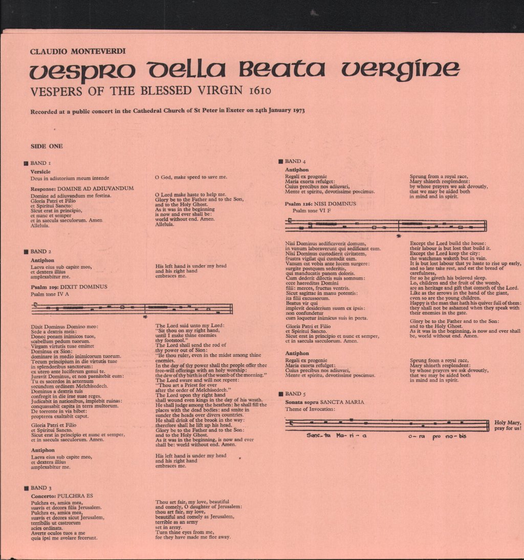 Exeter University Singers and Players / Donald James - Monteverdi Vespers 1610 - Lp