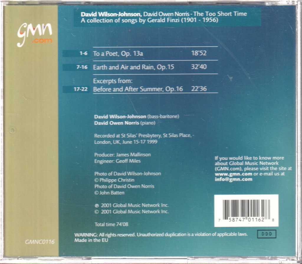 David Wilson-Johnson / David Owen Norris - Finzi: The Too Short Time - Cd