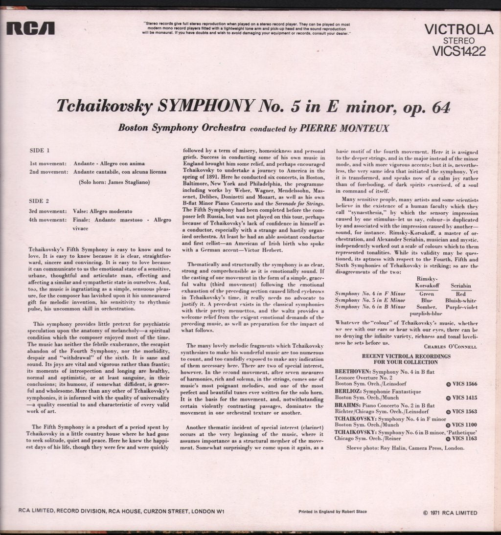 Pierre Monteux / Boston Symphony Orchestra - Tchaikovsky - Symphony No 5 In E Minor, Op. 64 - Lp