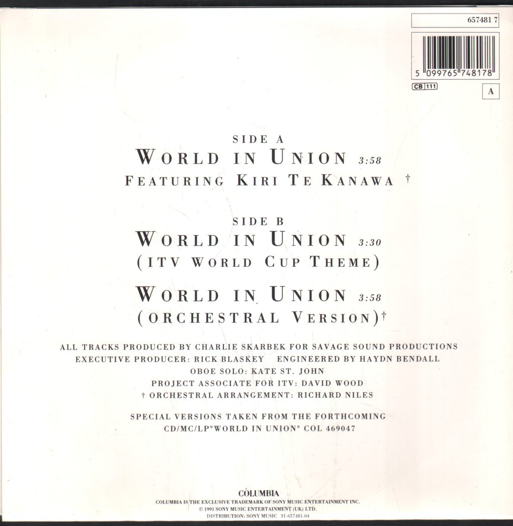 Kiri Te Kanawa - World In Union - 7 Inch