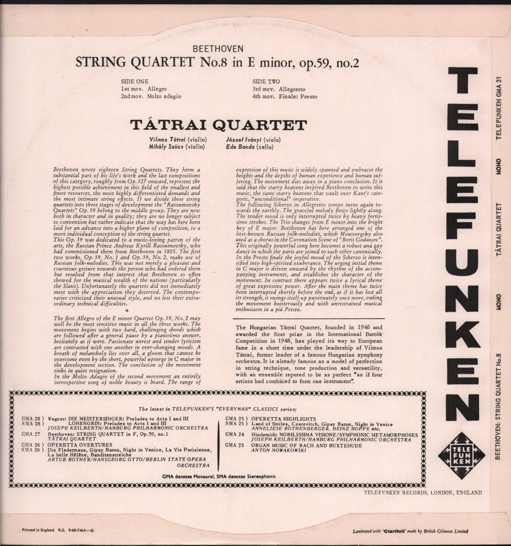 Tatrai Quartet - Beethoven - String Quartet No. 8 - Lp