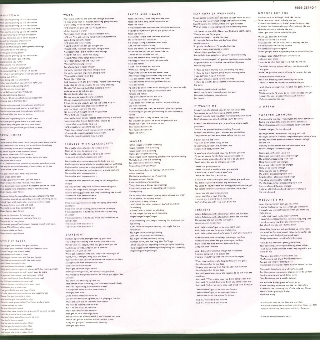 Lou Reed And John Cale - Songs For Drella - Lp