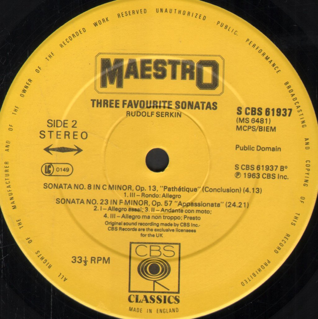 Rudolf Serkin - Beethoven - Sonata No. 14, Sonata No. 8, Sonata No. 23 - Lp