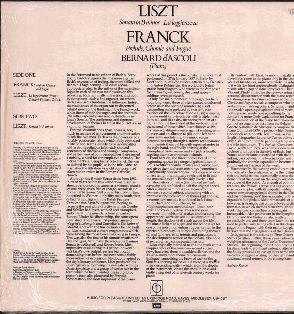 Bernard D'Ascoli - Bernard D'Ascoli Plays Liszt And Franck - Lp