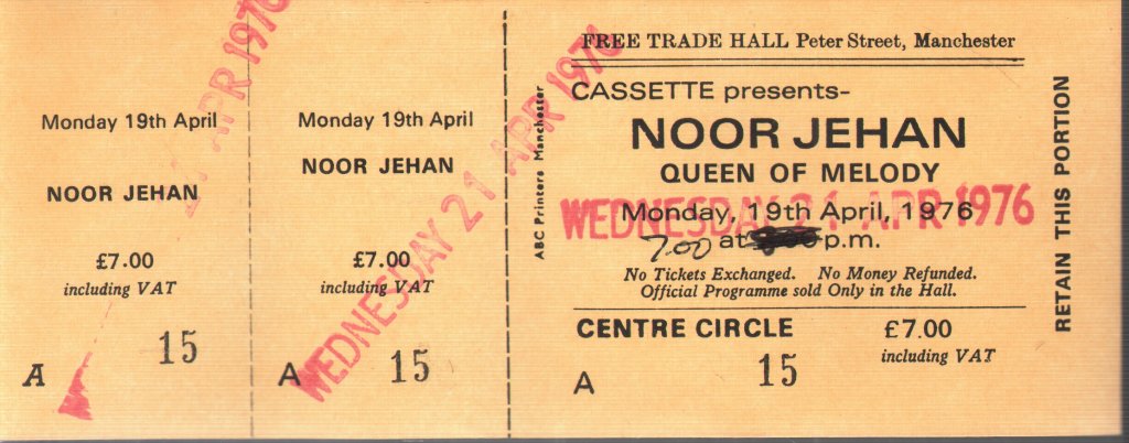 Noor Jehan - Free Trade Hall Manchester 19Th April 1976 - Ticket