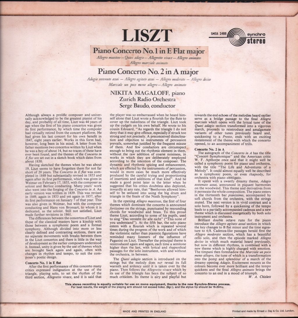 Nikita Magaloff / Zurich Radio Orchestra / Serge Baudo - Liszt Piano Concertos Nos. 1 & 2 - Lp