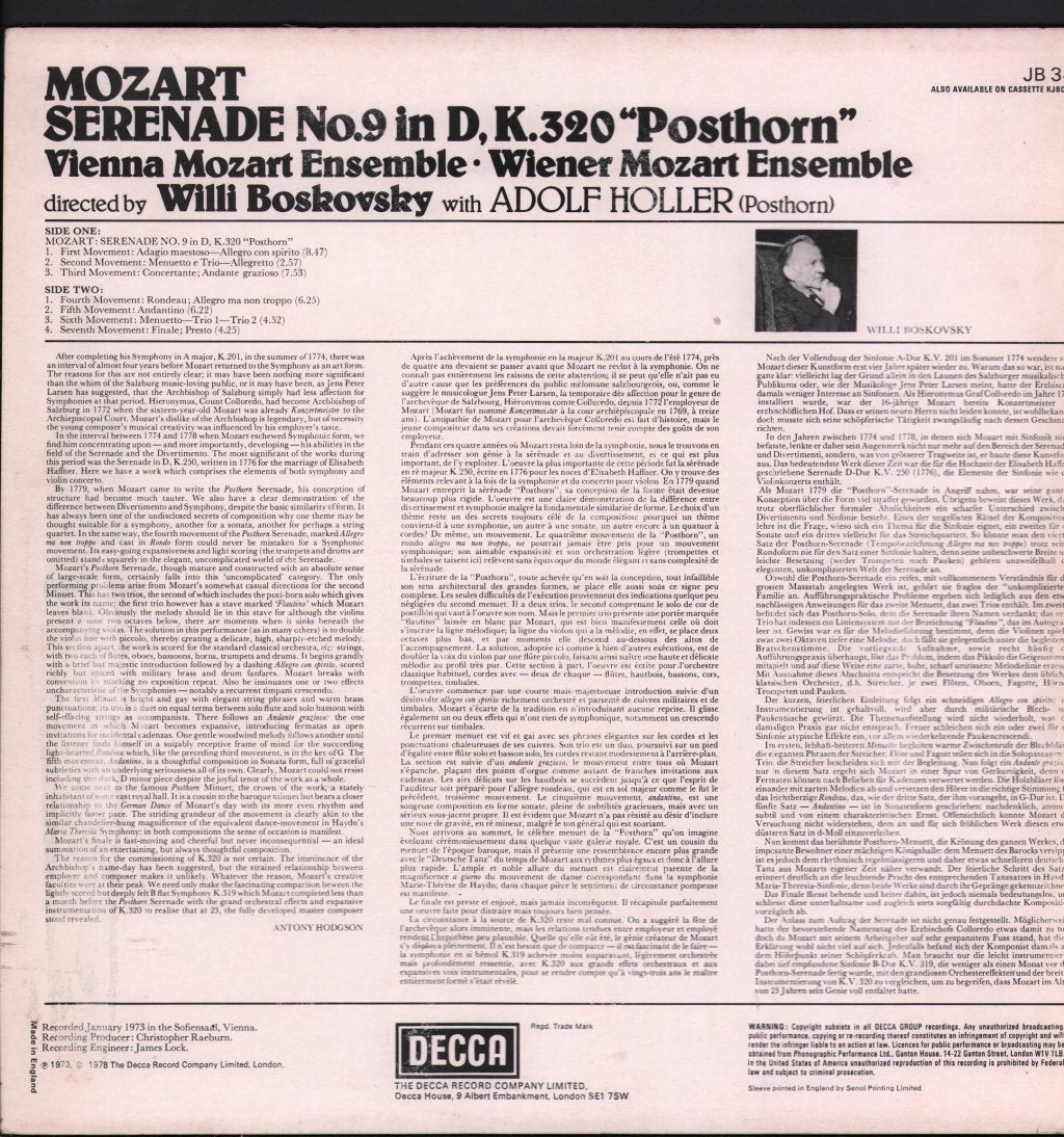 Willi Boskovsky / Vienna Mozart Ensemble - Mozart - Serenade No.9 In D, K.320 Posthorn - Lp